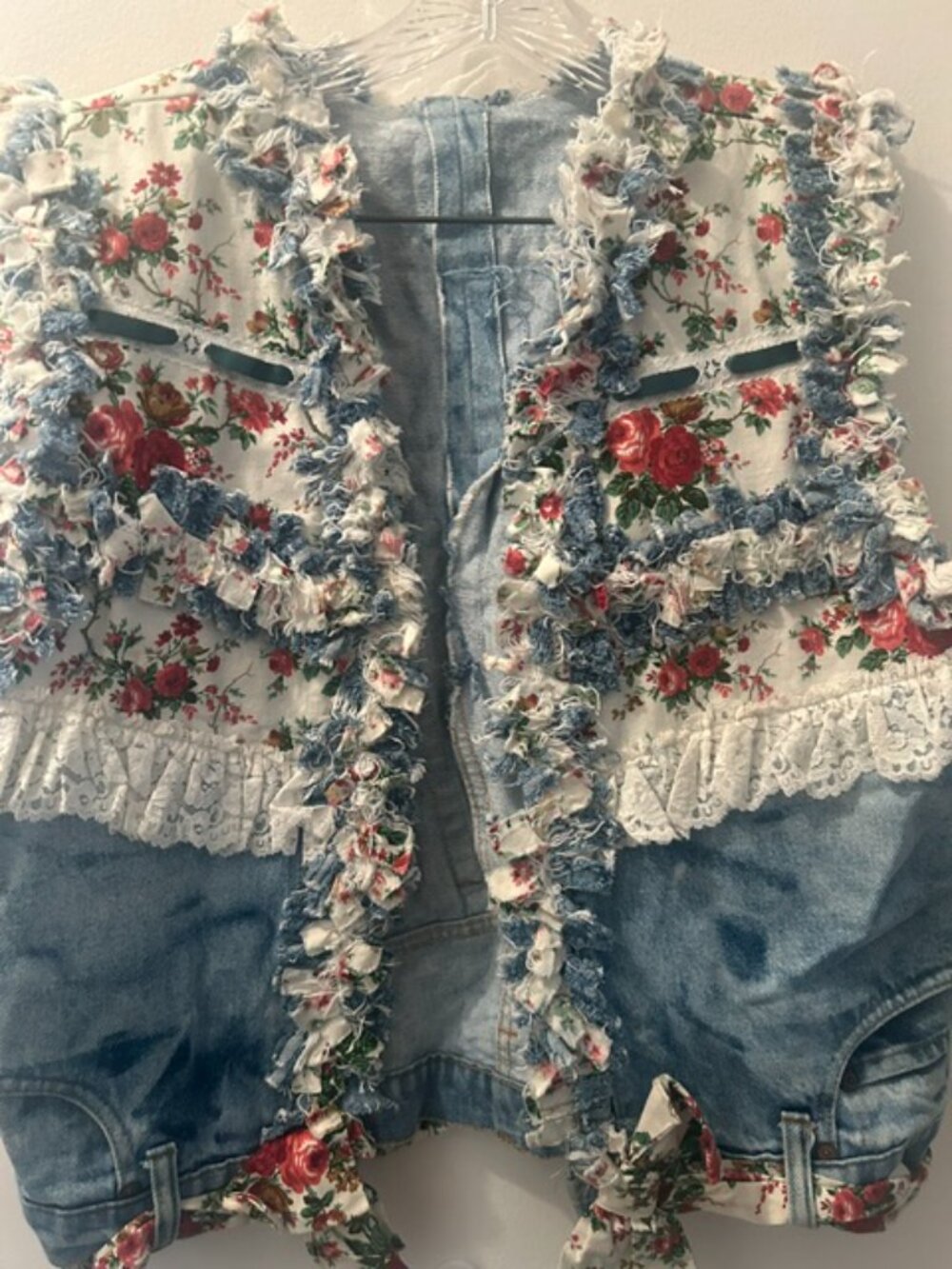 One of a Kind Upcycled Handcrafted Floral Lace Ribbon Distressed Denim Vest - Picture 7 of 16